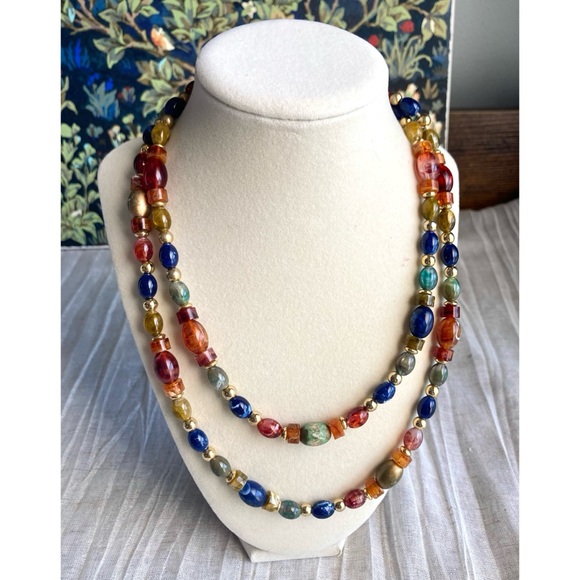 Jewelry - Warm Jeweltones Beaded Necklace High Quality Lucite/Acrylic 40” Long Fall Colors